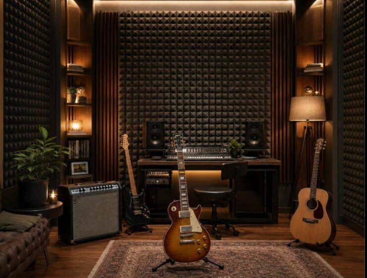 Home guitar practice studio with black acoustic foam panels, electric and acoustic guitars, amplifier, studio monitors and a recording desk