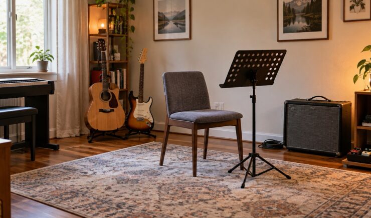 Cozy home music practice room with acoustic and electric guitars on stands, digital piano, amplifier, music stand and chair arranged on a patterned rug