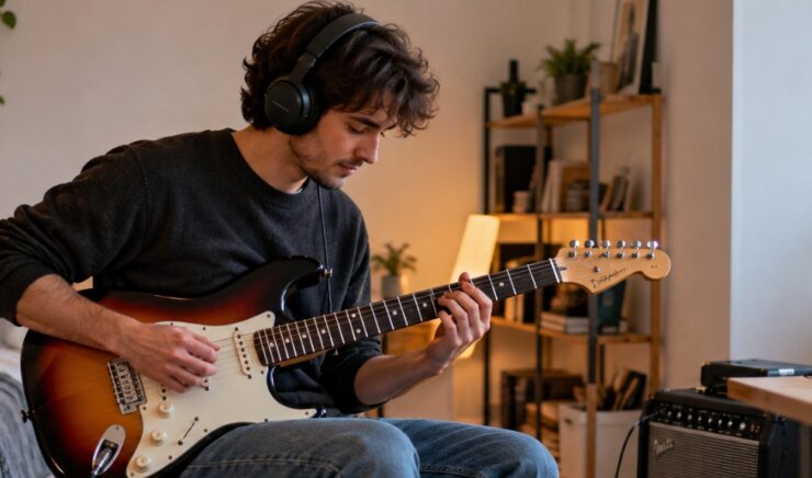 Young man wearing over-ear headphones while practicing electric guitar in a cozy home room, seated near a desk and small amplifier with natural light coming through the window